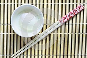 Soft boiled egg or Onsen egg on bamboo cheat