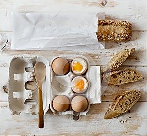 Soft boiled eggs and wholemeal bread.