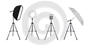 Soft box and umbrella reflectors, flash and circular speed light.