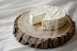 Soft Camembert Cheese on Rustic Wooden Cross Section against Silk Background