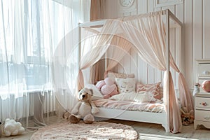 Soft canopy bed in a little girl's room. Generative AI