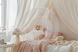 Soft canopy bed in a little girl's room. Generative AI