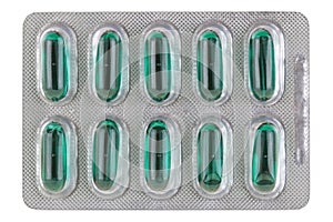 Soft capsules in green color for fast acting pain and fever reliever