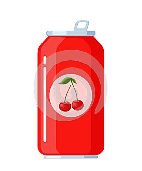 Soft cherry drink can. Soda drink aluminum red can. Vector illustration