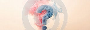 Clouds of pink and blue smoke blend into a large question mark shape against a soft background. Generative AI