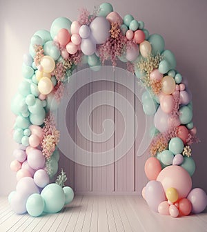 soft colors ballon arch with surreal background , ai generated photo