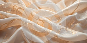 Soft Cream Satin Fabric With Subtle Golden Sparkle Patterns In A Gentle Flowing Composition