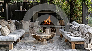 Soft cushions and throws adorn the outdoor seating perfect for snuggling up by the fire. 2d flat cartoon