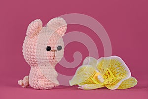 Soft DIY toy made of natural cotton and wool. Crocheted cat, handmade art. Amigurumi one little cute kitten sitting on