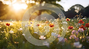 Soft Dreamy Spring Meadow with Colorful Wildflowers Bathed in Late Afternoon Golden Light. Generative Ai