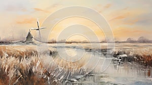 Soft And Dreamy Sunset: A Captivating Painting Of A Windmill And Marsh