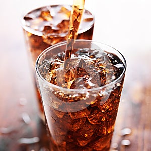 Soft drink being poured into glass photo