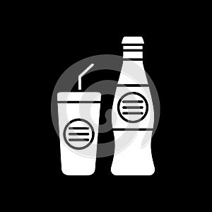 Soft drink bottle with glass cup dark mode glyph icon