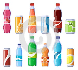 Soft drink cans and bottles. Soda bottled drinks, soft fizzy canned drinks, soda and juice beverages isolated vector