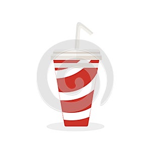 Soft drink with a straw to drink. Delicious cold sparkling water. Fast food. Vector, illustration on white