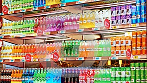 Soft drinks and beverages in supermarket