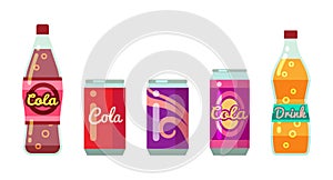 Soft drinks in bottles and cans vector illustration set