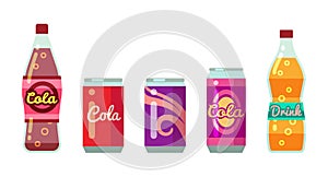 Soft drinks in bottles and cans vector illustration set photo