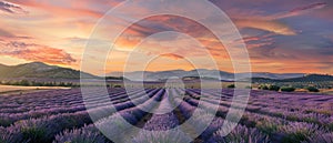 The soft dusk light paints a serene scene over a sprawling lavender farm, with rolling hills and a pastel sky in the