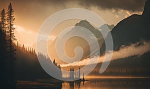 Soft Ethereal Sunrise on Mountain with Foggy Medicine Lake at Jasper Dreamy Background for Posters and Web.