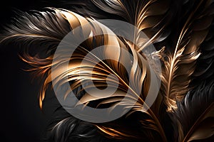 Soft feathers with golden and black colors. Cinematic light. Abstract composition.