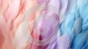 Soft feathers in pastel colors in shades of pink, peach, purple and blue. Feathers texture background. Use as Backdrops