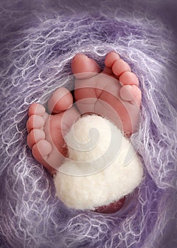 Soft feet of a new born in a lilac, purple. toes, heels and feet of a newborn. Knitted white heart