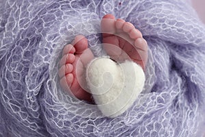 Soft feet of a new born in a lilac, purple wool blanket. Knitted white heart in the legs of a baby.