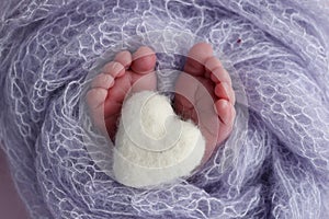 Soft feet of a new born in a lilac, purple wool blanket. Knitted white heart in the legs of a baby.