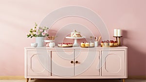 Soft And Feminine Buffet Display With Pastel Pink Wall