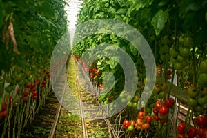 Soft filter effect. Dutch bio farming, big greenhouse with tomato plants, growing indoor, ripe and unripe tomatoes on vines