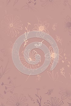 Soft flourish background drawed with wavy lines. Beautiful floral petals, stems, leaves in pink shades