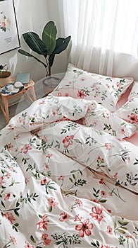 a soft and fluffy plush light flannel four-piece duvet cover set featuring a floral pattern on each pillowcase. photo