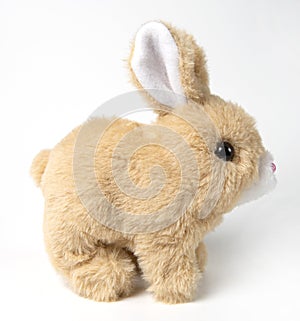 Soft fluffy rabbit toy with long ears, isolated on a white background