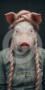 Soft-focus Algeapunk Portrait: Pig With Braided Braids And Trachten