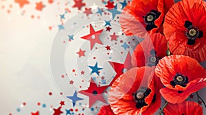 A soft-focus background with vivid red poppies and patriotic stars scattered throughout, ideal for Memorial Day tributes