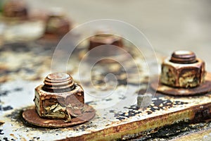 Soft focus of Corrosive rusted bolt with nut.Rusty Old Industrial Nut and Bolt