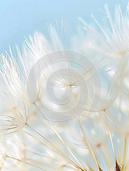 Soft focus on dandelion seeds with a gentle blue backdrop., Generated AI