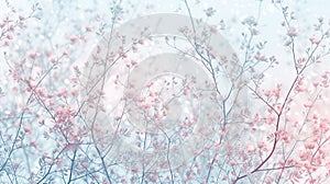 Soft focus of delicate pink blossoms in a dreamy blue mist., Generated AI