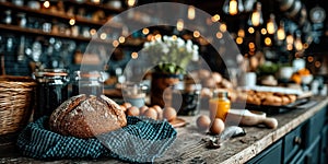 Soft focus holiday kitchen with baking ingredients