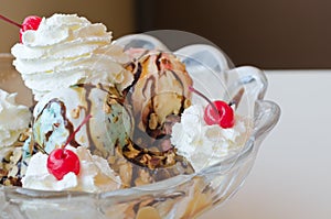 Soft focus of Ice cream sundae in big bowl