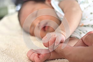 Soft focus of newborn tiny baby hands holding parent hands