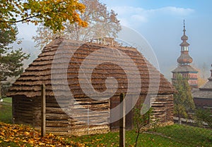 Soft focus, Open-air museum in the Slovak Republic. Architectural motif, old wooden architectural object in nature