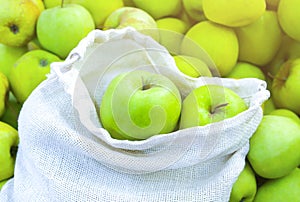 Soft focus photo. Reusable shopping bag with fruit. Zero waste. Ecologically and environmentally friendly packets. Canvas and