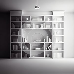 Soft focus shelves and Key cabinet locks. White wooden shelves bookcase. Abstract blurred empty college library interior space.