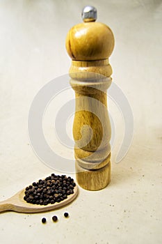 Soft focus of spicy black pepper seeds on a wooden spoon with pepper mill piper nigrum - piperaceae - piperales