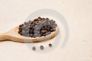 Soft focus of spicy black pepper seeds on a wooden spoon piper nigrum - piperaceae - piperales