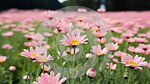 Soft focus spring meadow with pink daisies, abstract floral