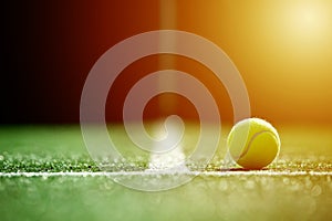 Soft focus of tennis ball on tennis grass court with sunlight