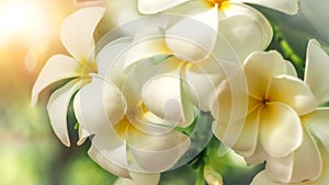 Soft focus Tropical flowers frangipani Plumeria . Beautiful white Plumeria rubra flower in summer sunlight